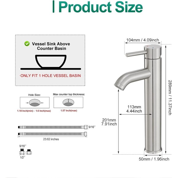 VOTON Bathroom Sink Faucet Chrome Tall Bathroom Faucets Single Handle One Hole - Picture 3 of 12